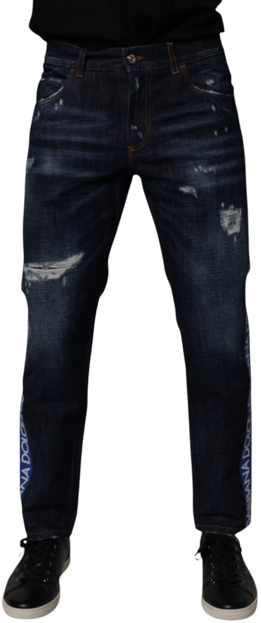 Dolce & Gabbana Dark Blue Cotton Tattered Skinny Denim Jeans Zwart