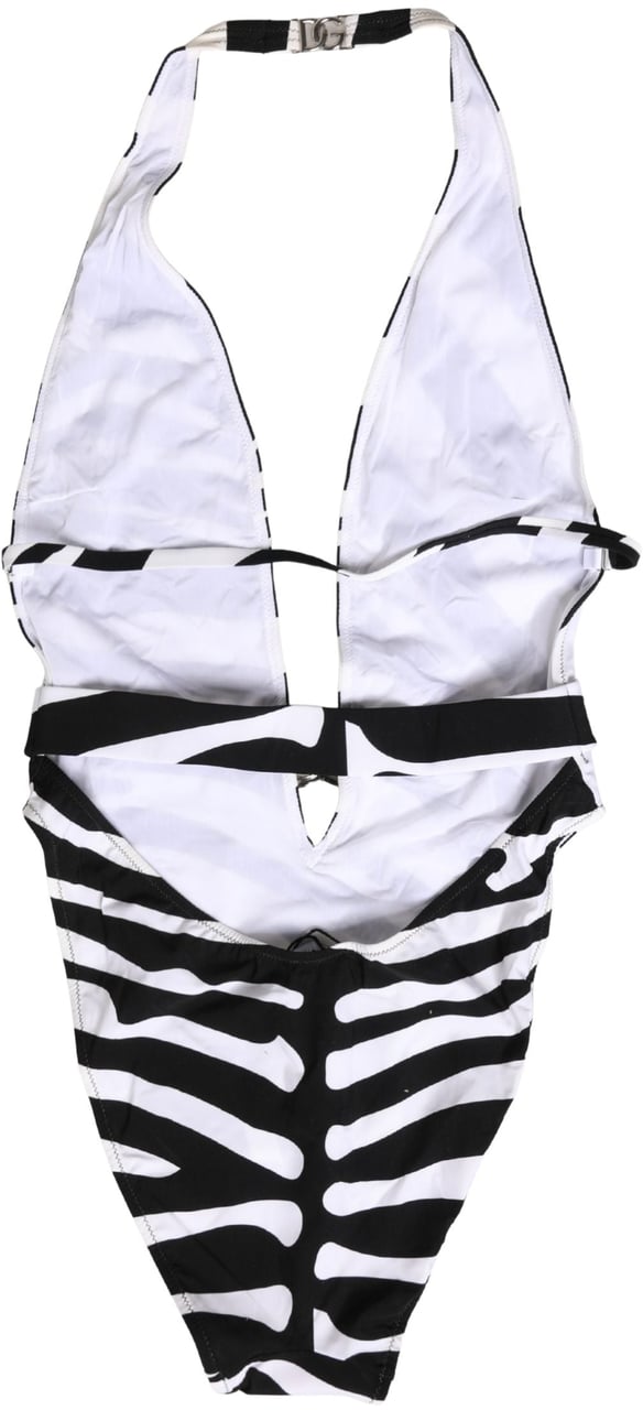 Dolce & Gabbana Black White Zebra Deep V-Neck One Piece Swimwear Zwart