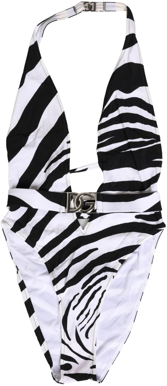 Dolce & Gabbana Black White Zebra Deep V-Neck One Piece Swimwear Zwart