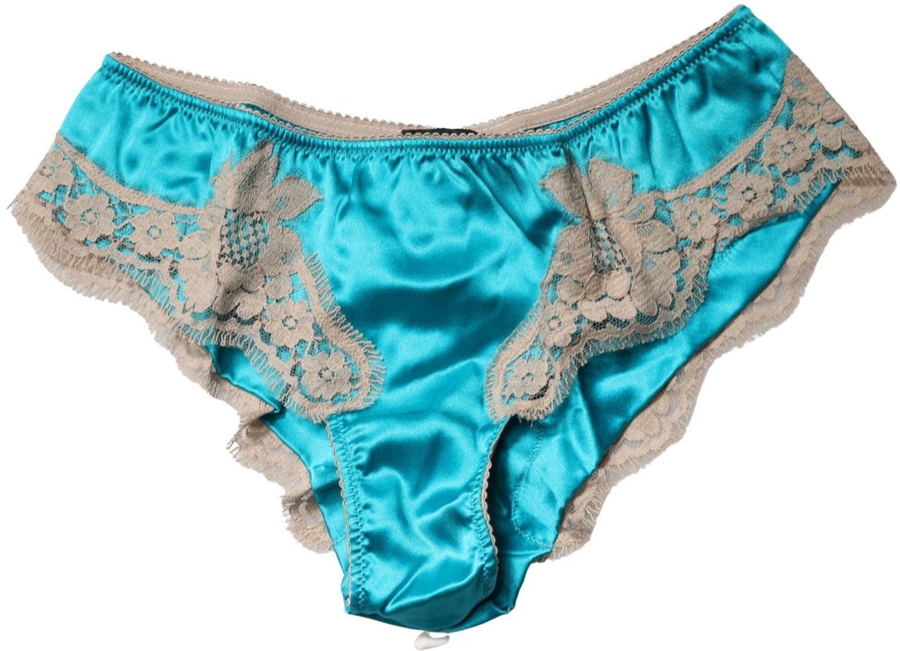 Dolce & Gabbana Blue Silk Satin Floral Lace Panty Brief Underwear Blauw