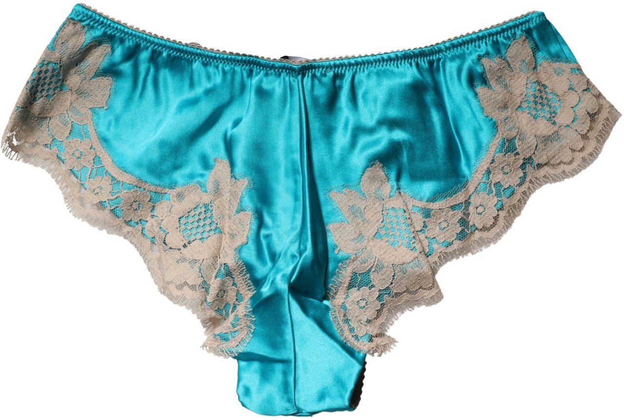 Dolce & Gabbana Blue Silk Satin Floral Lace Panty Brief Underwear Blauw
