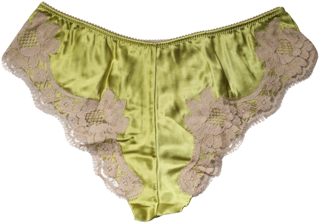 Dolce & Gabbana Underwear Green Silk Satin Floral Lace Panty Brief Groen