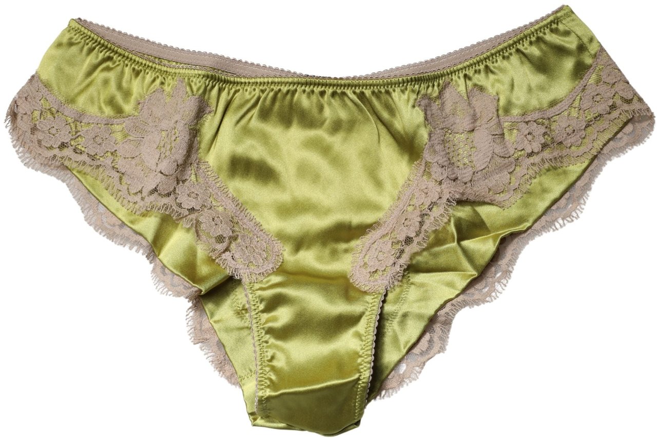 Dolce & Gabbana Underwear Green Silk Satin Floral Lace Panty Brief Groen
