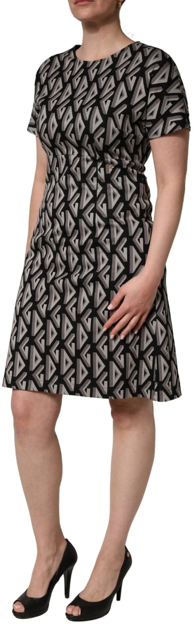 Dolce & Gabbana Black Logo Print Cotton Knee Length Dress Zwart