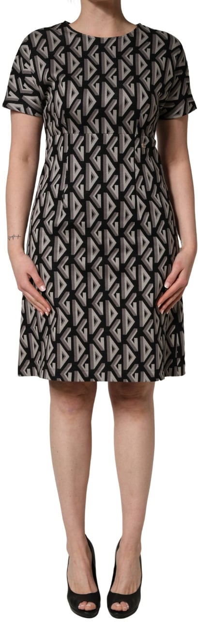 Dolce & Gabbana Black Logo Print Cotton Knee Length Dress Zwart