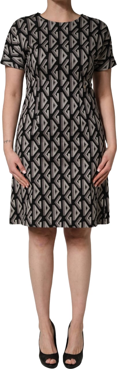 Dolce & Gabbana Black Logo Print Cotton Knee Length Dress Zwart