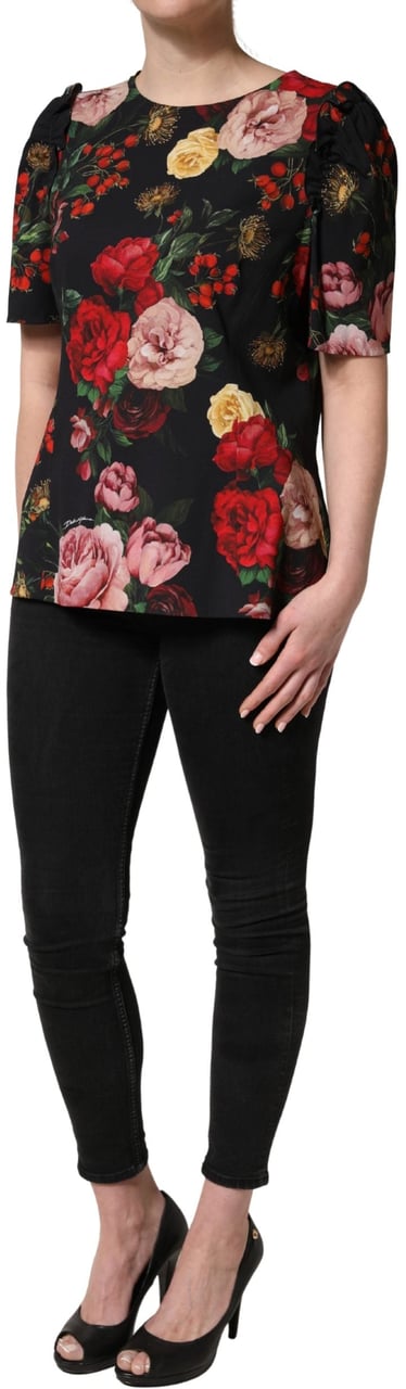 Dolce & Gabbana Black Floral Crepe Frill Detail Blouse Top Zwart