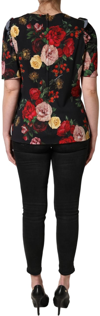 Dolce & Gabbana Black Floral Crepe Frill Detail Blouse Top Zwart