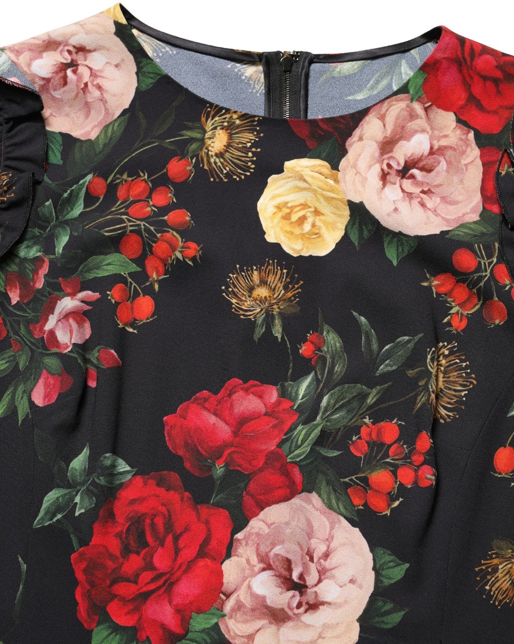 Dolce & Gabbana Black Floral Crepe Frill Detail Blouse Top Zwart