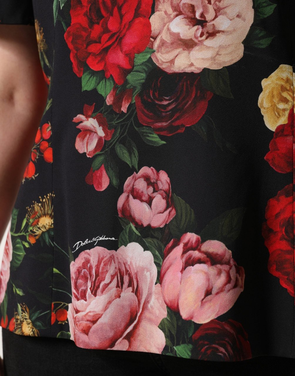 Dolce & Gabbana Black Floral Crepe Frill Detail Blouse Top Zwart