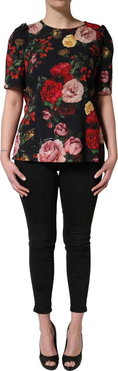 Dolce & Gabbana Black Floral Crepe Frill Detail Blouse Top Zwart