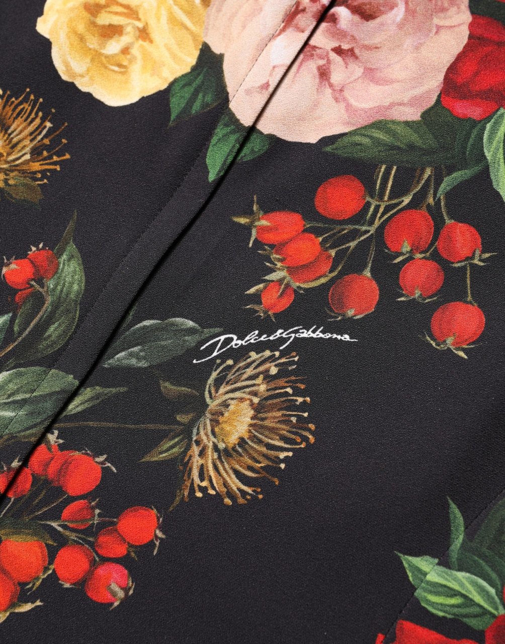 Dolce & Gabbana Black Floral Crepe Frill Detail Blouse Top Zwart