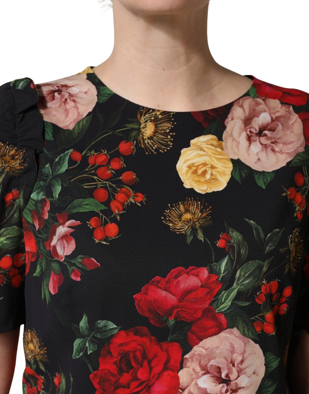 Dolce & Gabbana Black Floral Crepe Frill Detail Blouse Top Zwart