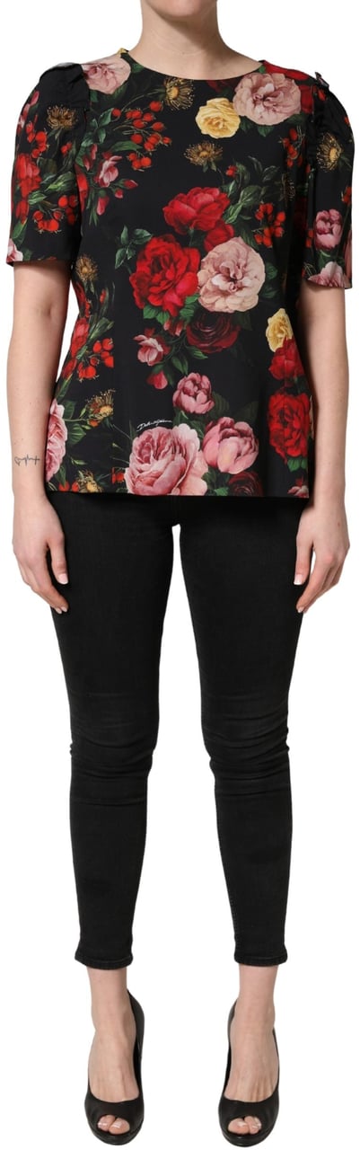 Dolce & Gabbana Black Floral Crepe Frill Detail Blouse Top Zwart