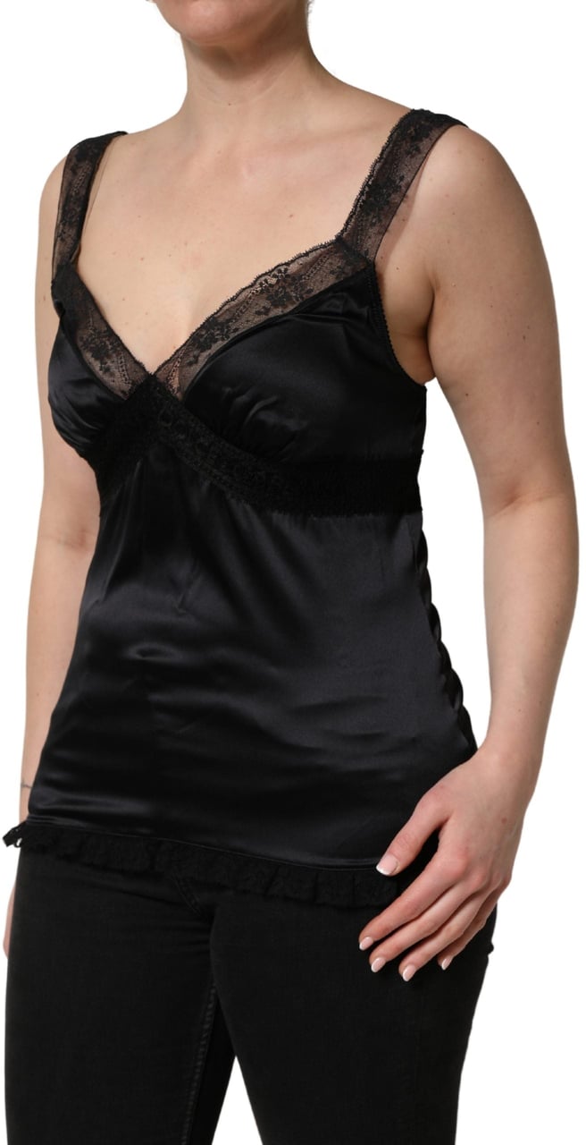Dolce & Gabbana Black Silk Lace Trim Camisole V-neckline Tank Top Zwart