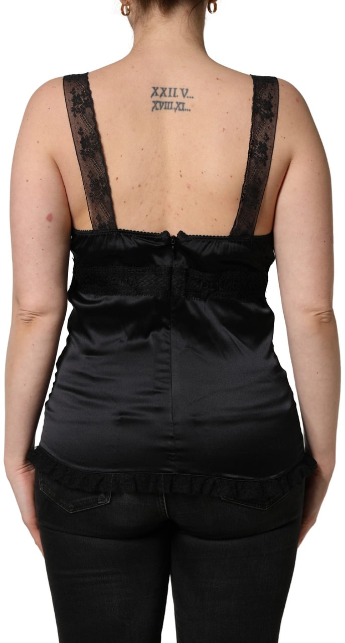 Dolce & Gabbana Black Silk Lace Trim Camisole V-neckline Tank Top Zwart