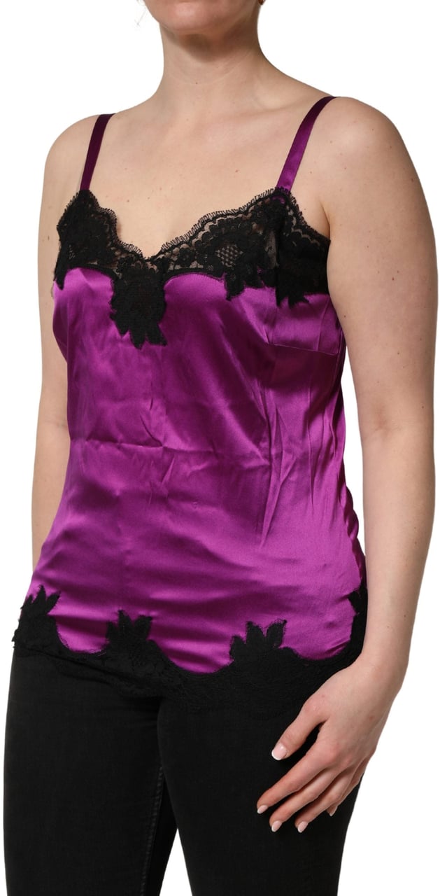 Dolce & Gabbana Purple Silk Lace Trim Camisole Sleeveless Tank Top Zwart