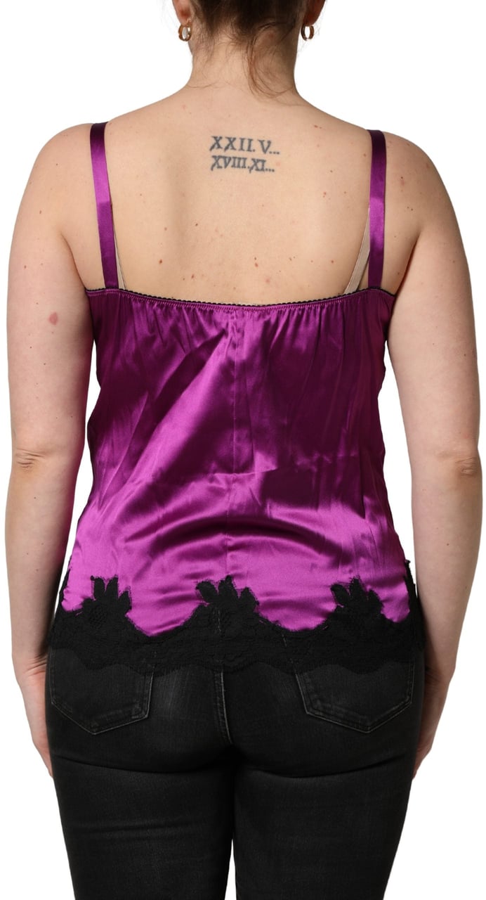 Dolce & Gabbana Purple Silk Lace Trim Camisole Sleeveless Tank Top Zwart