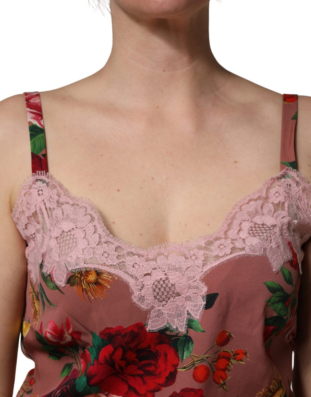 Dolce & Gabbana Brown Rose Print Satin Lace Camisole Tank Top Bruin