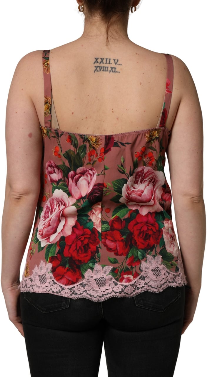 Dolce & Gabbana Brown Rose Print Satin Lace Camisole Tank Top Bruin