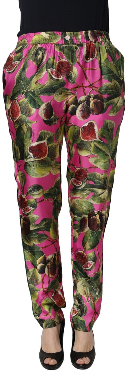 Dolce & Gabbana Fuchsia Fig Fruit Leaf Tapered Trouser Pants Roze