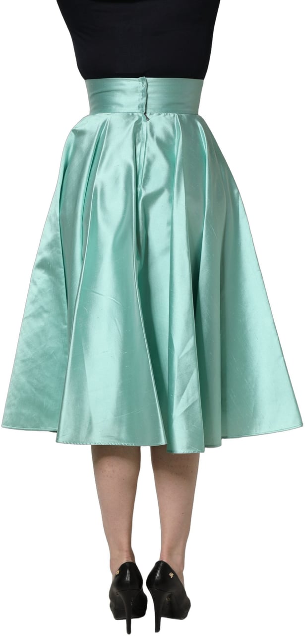 Dolce & Gabbana Green Satin High-Waisted Pleated A-line Midi Skirt Groen