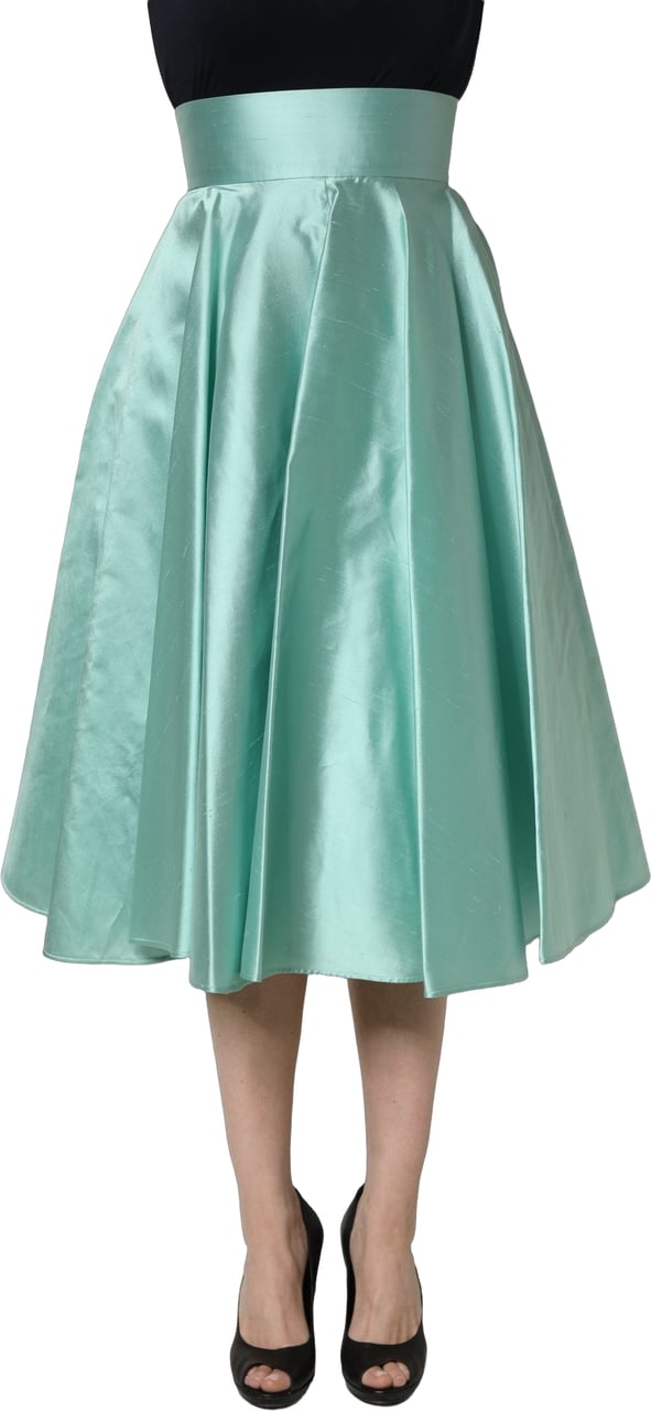 Dolce & Gabbana Green Satin High-Waisted Pleated A-line Midi Skirt Groen