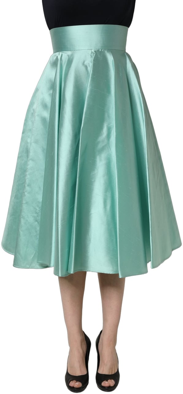 Dolce & Gabbana Green Satin High-Waisted Pleated A-line Midi Skirt Groen