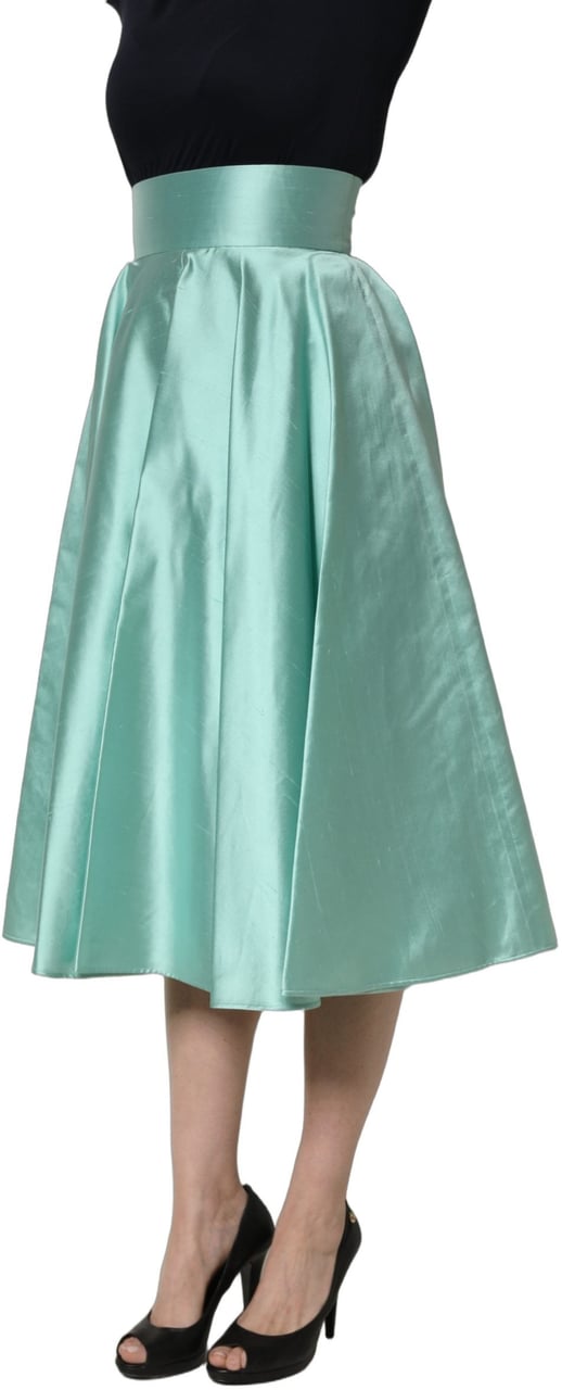 Dolce & Gabbana Green Satin High-Waisted Pleated A-line Midi Skirt Groen