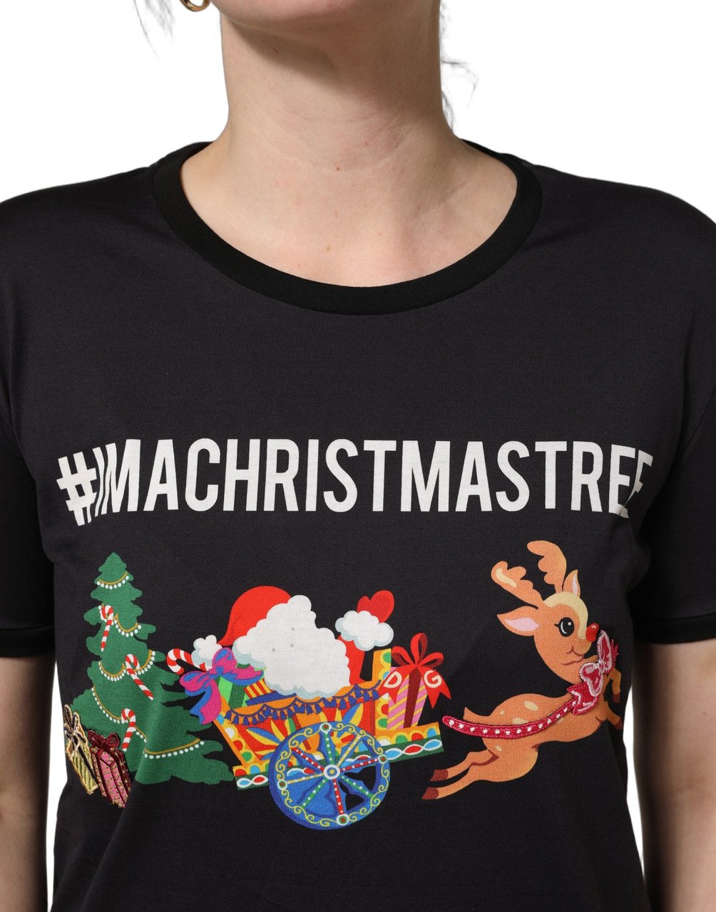 Dolce & Gabbana Black #IAMACHRISTMASTREE Print Cotton T-shirt Zwart