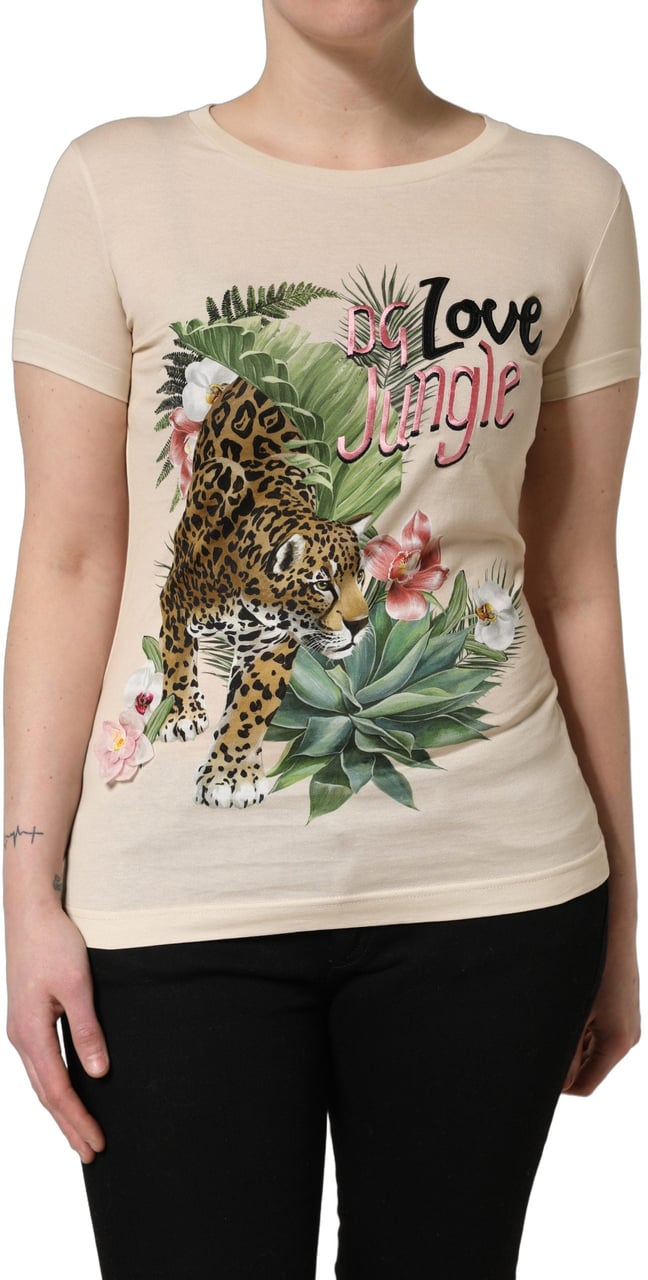 Dolce & Gabbana Beige Jungle Print Cotton Round Neck T-Shirt Beige