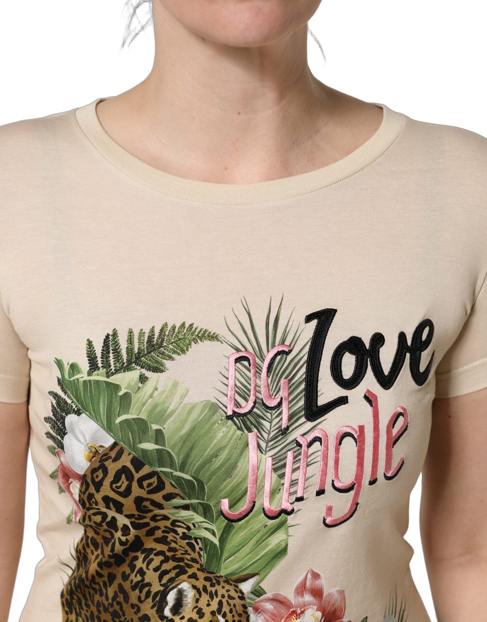 Dolce & Gabbana Beige Jungle Print Cotton Round Neck T-Shirt Beige