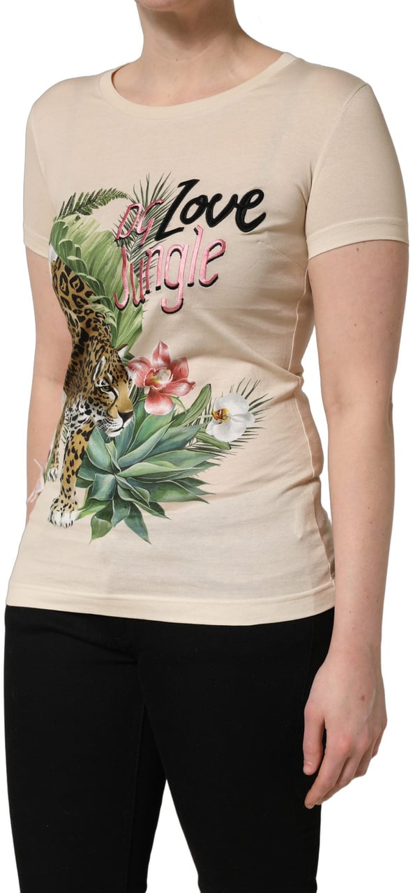 Dolce & Gabbana Beige Jungle Print Cotton Round Neck T-Shirt Beige