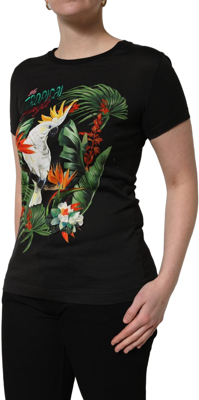 Dolce & Gabbana Black Tropical Print Cotton Round Neck T-Shirt Zwart