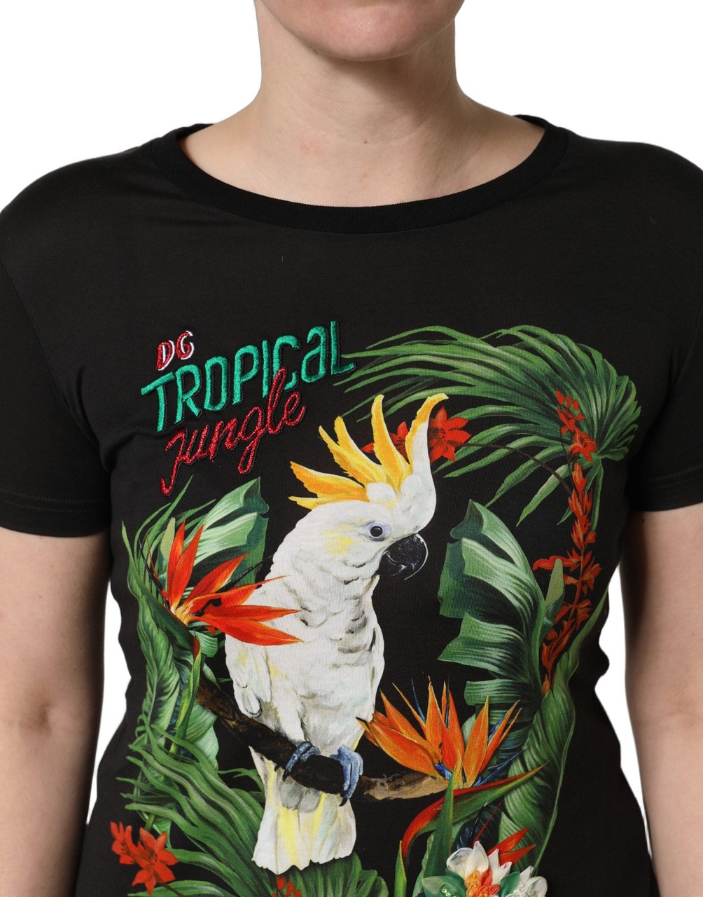 Dolce & Gabbana Black Tropical Print Cotton Round Neck T-Shirt Zwart