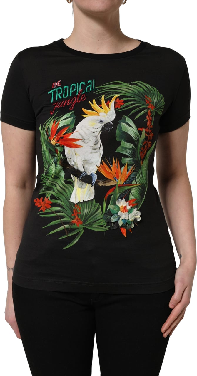 Dolce & Gabbana Black Tropical Print Cotton Round Neck T-Shirt Zwart