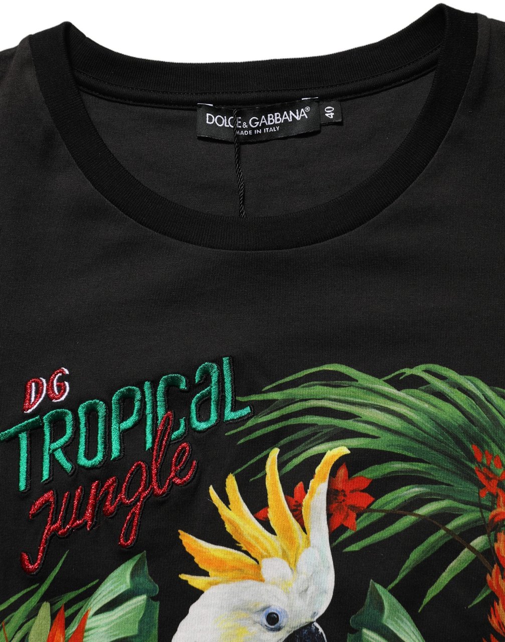 Dolce & Gabbana Black Tropical Print Cotton Round Neck T-Shirt Zwart
