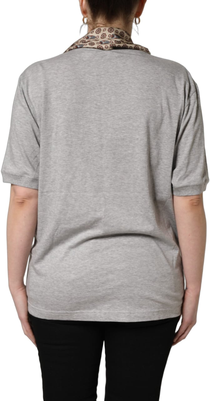 Dolce & Gabbana Gray Cotton V-neck Owl Silk Scarf Top T-shirt Grijs