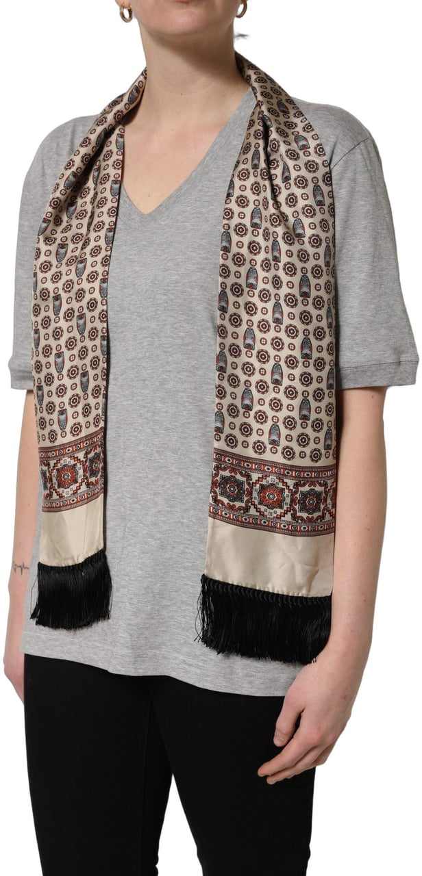 Dolce & Gabbana Gray Cotton V-neck Owl Silk Scarf Top T-shirt Grijs