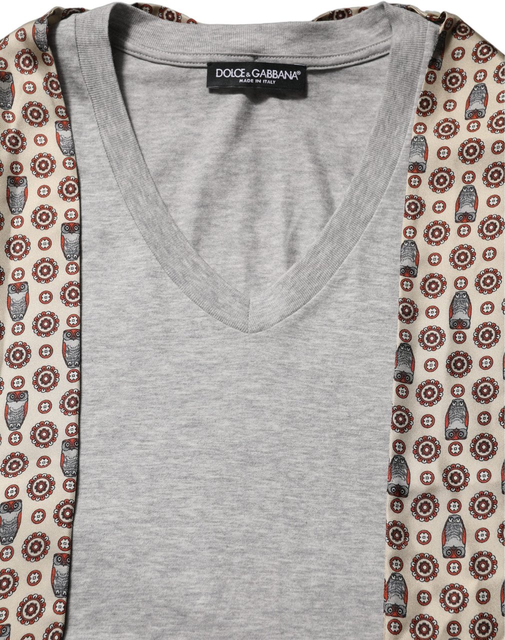Dolce & Gabbana Gray Cotton V-neck Owl Silk Scarf Top T-shirt Grijs