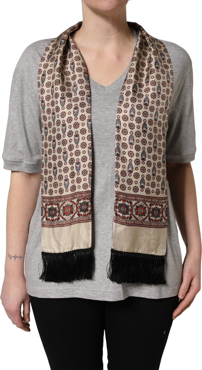 Dolce & Gabbana Gray Cotton V-neck Owl Silk Scarf Top T-shirt Grijs