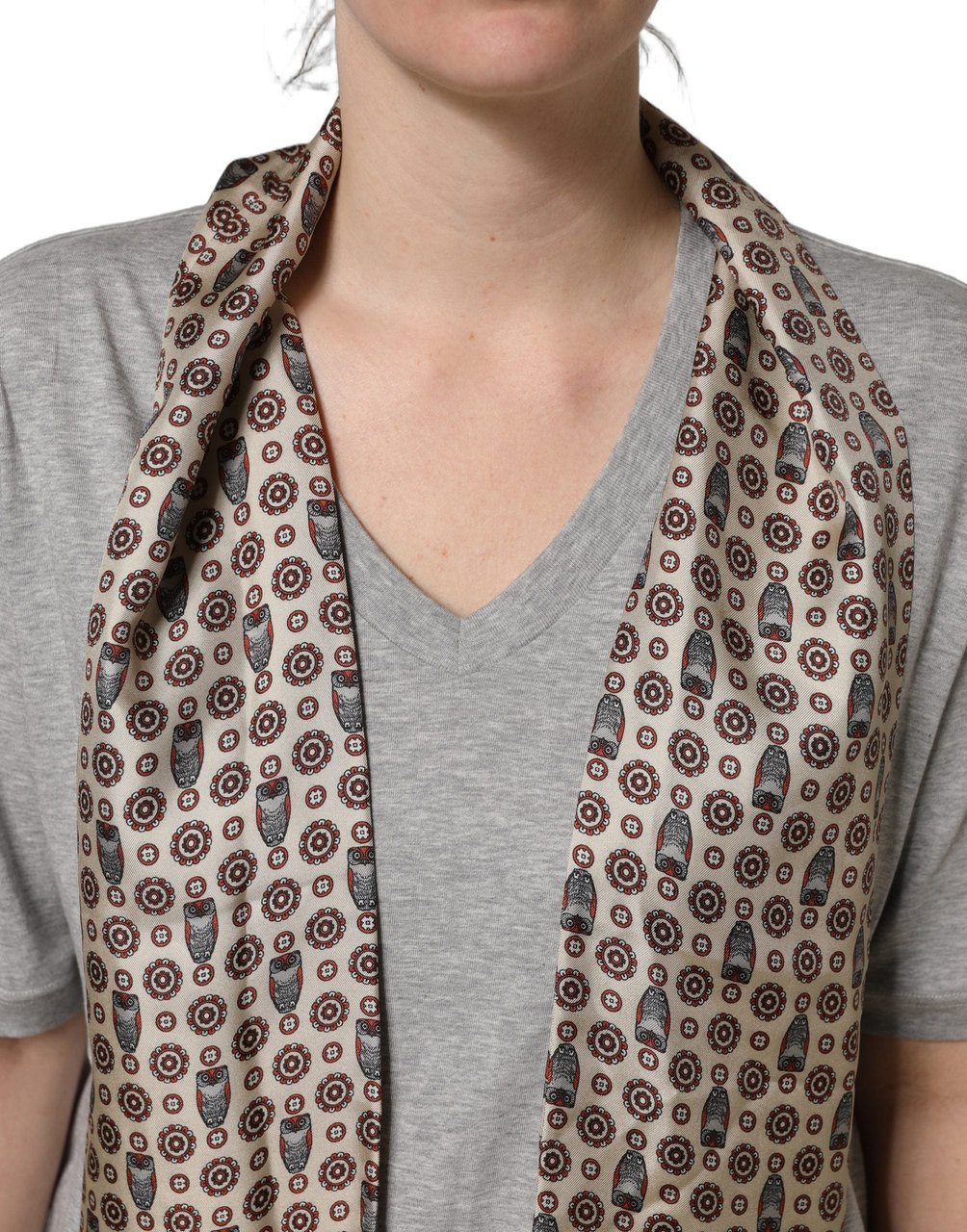 Dolce & Gabbana Gray Cotton V-neck Owl Silk Scarf Top T-shirt Grijs