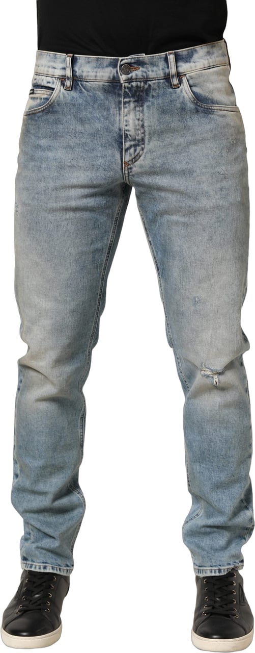 Dolce & Gabbana Blue Washed Mid Waist Straight Men Denim Jeans Blauw