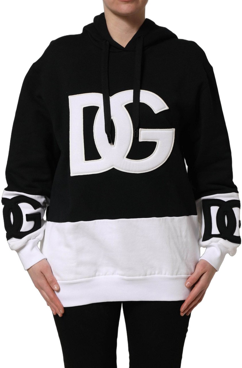 Dolce & Gabbana BlackWhite Appliqué Hooded Sweatshirt Sweater Divers