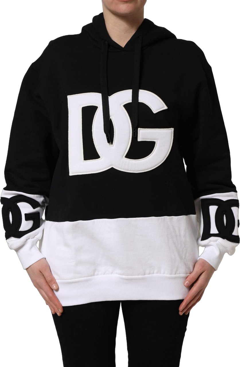 Dolce & Gabbana BlackWhite Appliqué Hooded Sweatshirt Sweater Divers