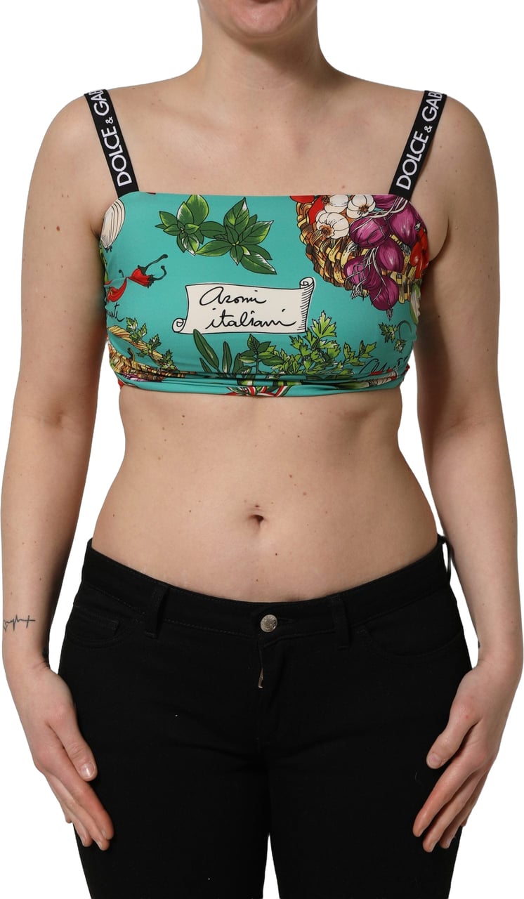 Dolce & Gabbana Turquoise Vegetable Print Silk Crop Tank Top Lichtblauw