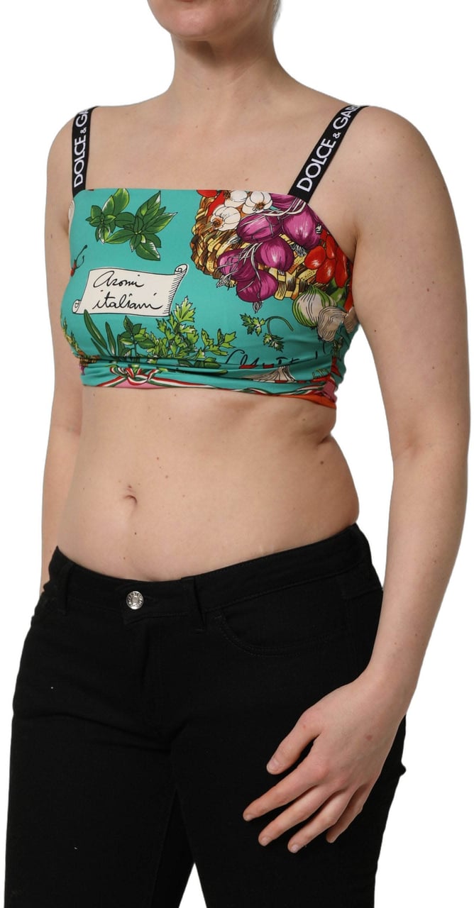 Dolce & Gabbana Turquoise Vegetable Print Silk Crop Tank Top Lichtblauw
