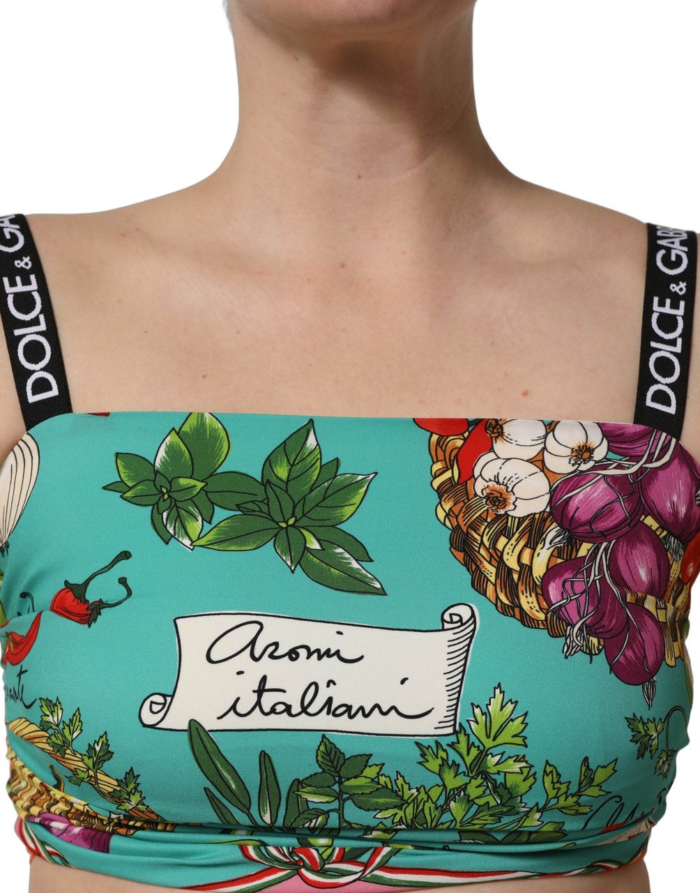 Dolce & Gabbana Turquoise Vegetable Print Silk Crop Tank Top Lichtblauw