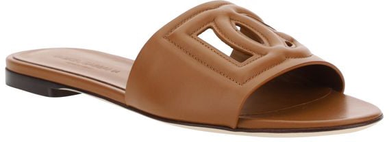 Dolce & Gabbana Brown Calf Leather Bos Taurus Flat Sandals Bruin