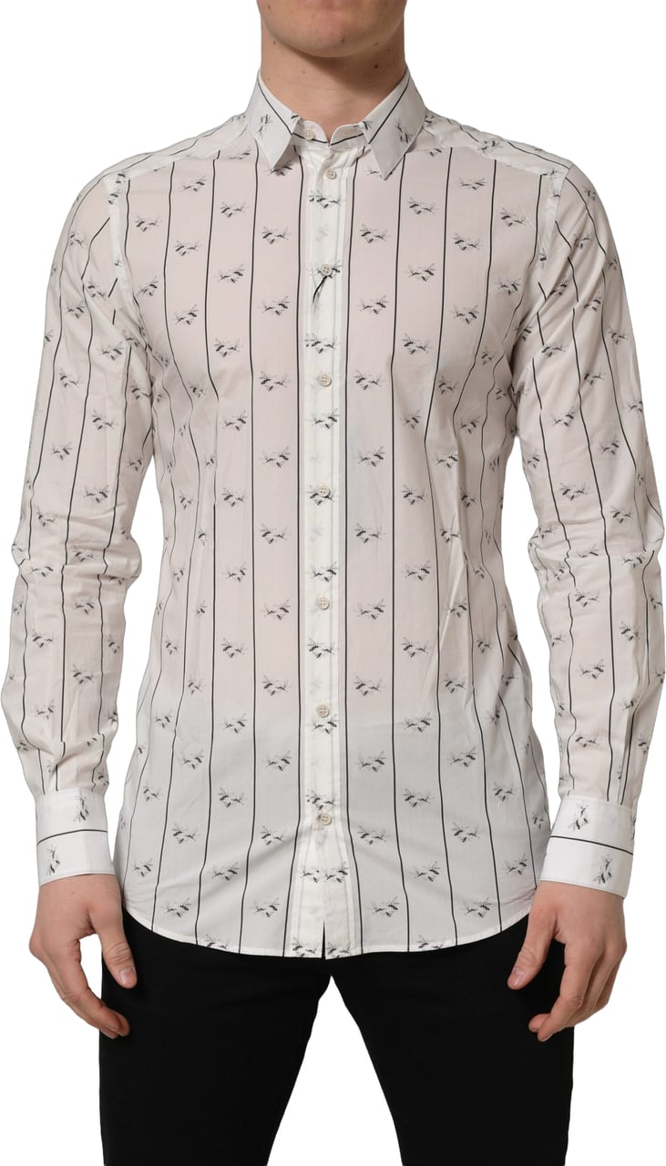 Dolce & Gabbana White Bee Print Cotton GOLD Fit Dress Shirt Wit